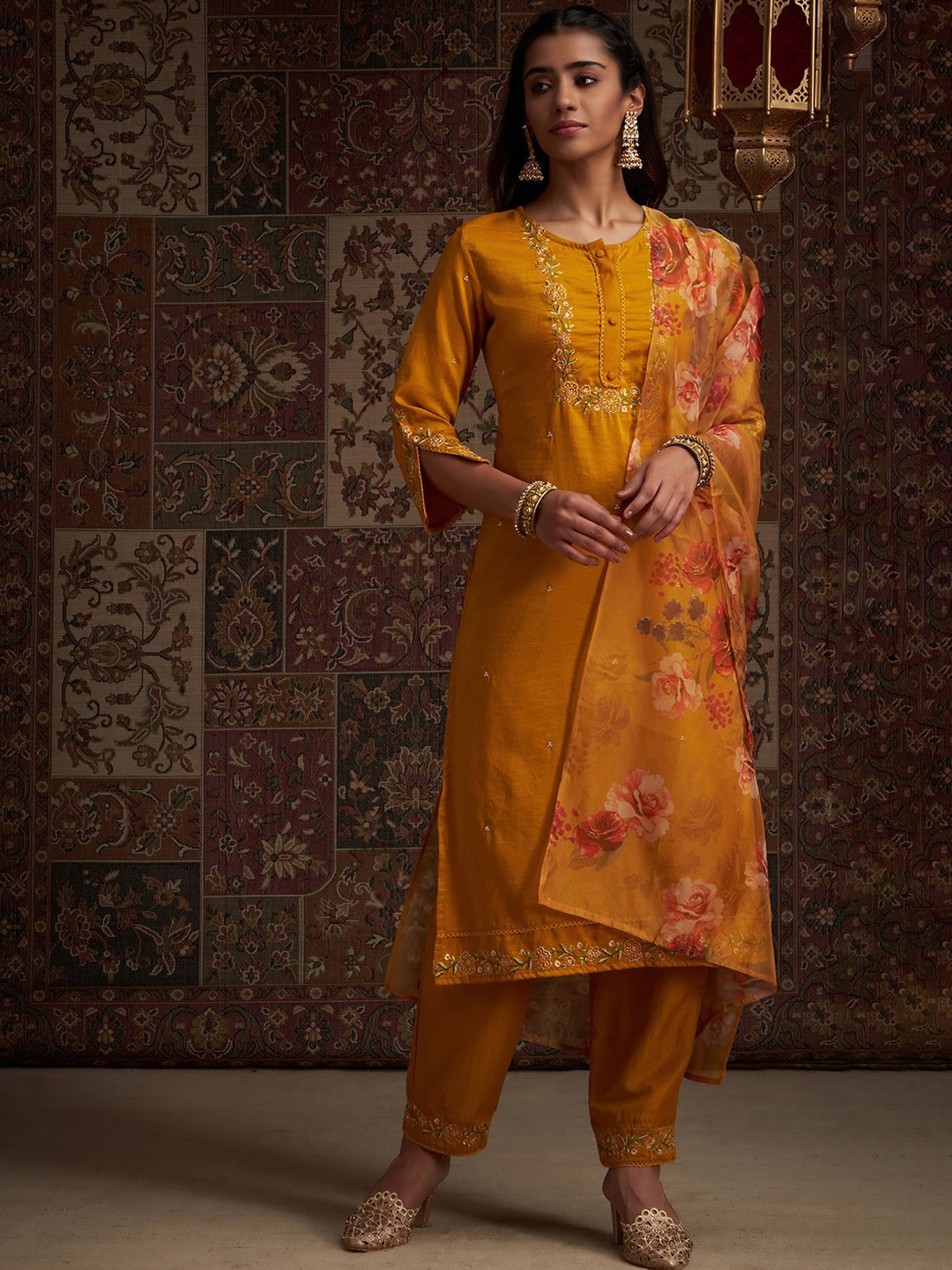 

Indo Era Floral Embroidered Kurta with Trousers & With Dupatta, Mustard