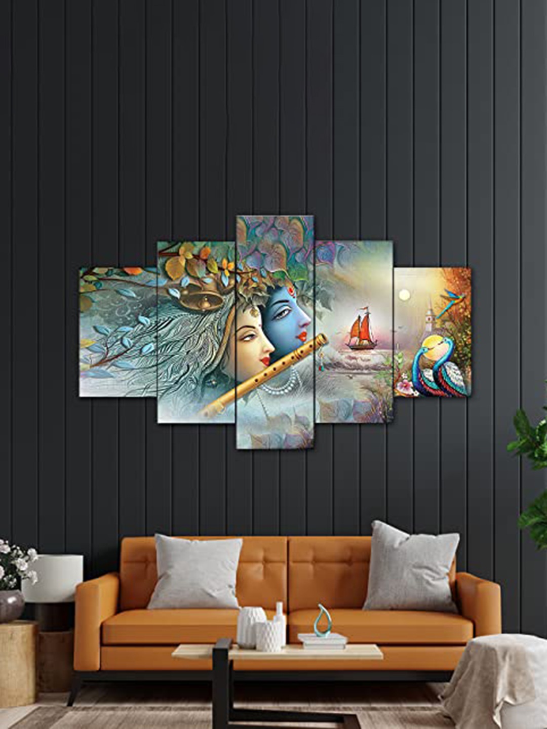 

Perpetual Blue & Brown 5 Pieces Radha Krishna Painting Wall Art