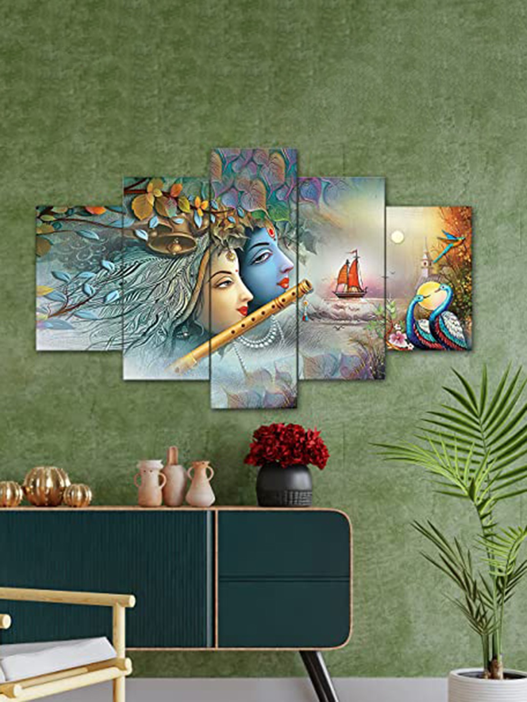 

Perpetual Blue & Brown 5 Pieces Radha Krishna Painting Wall Art