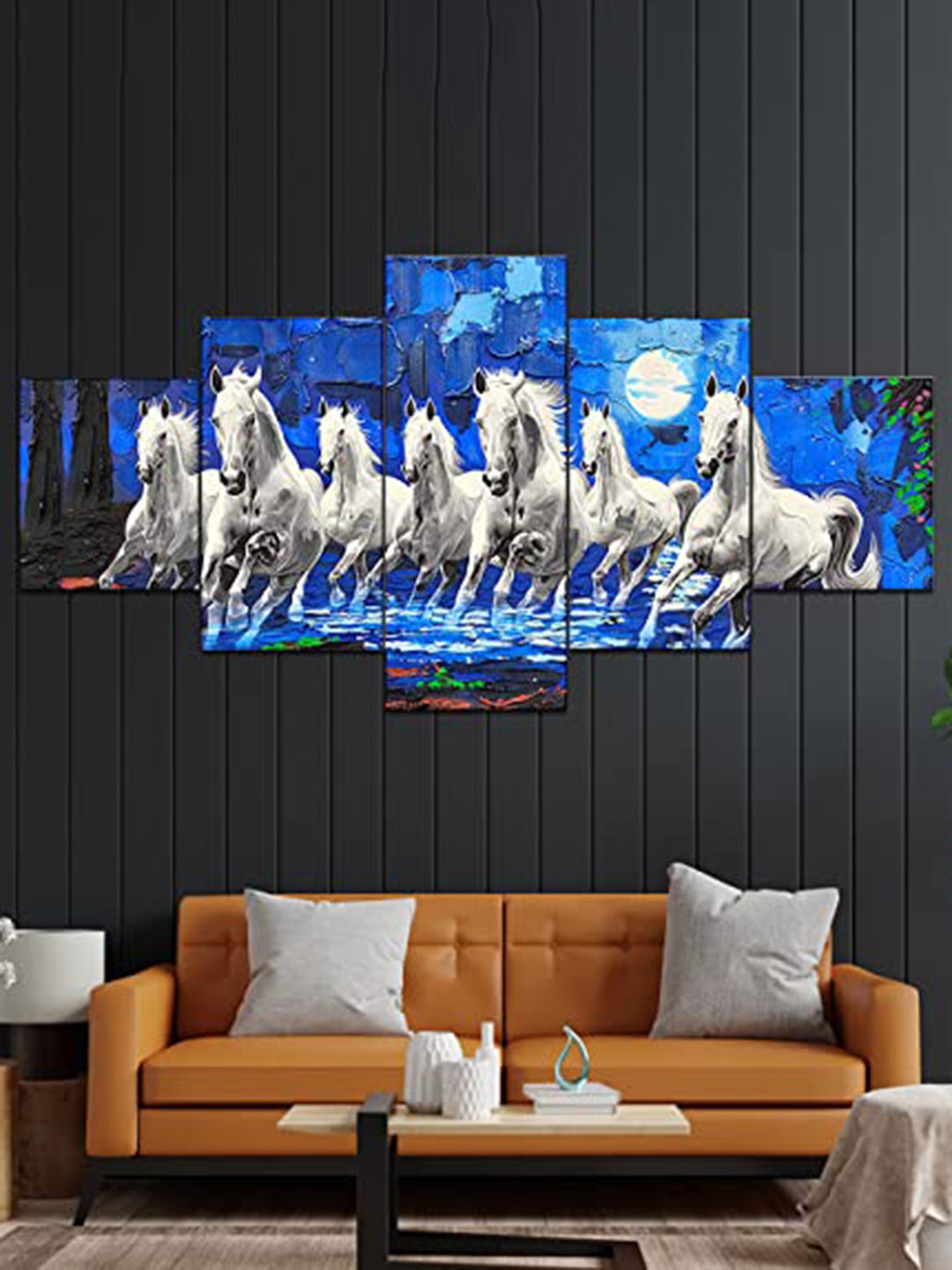 

Perpetual Blue & White 5 Pieces Running Horses 3D Painting Wall Art