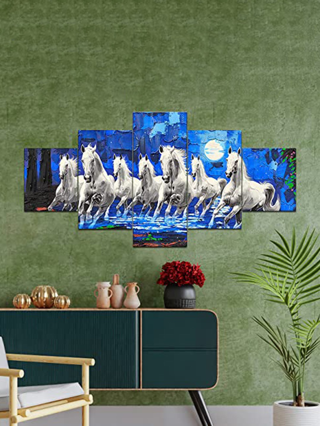 

Perpetual Blue & White 5 Pieces Running Horses 3D Painting Wall Art