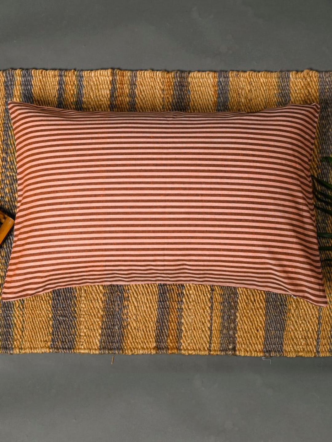 

OUSSUM Maroon Striped Cotton Rectangular Pillow Cover