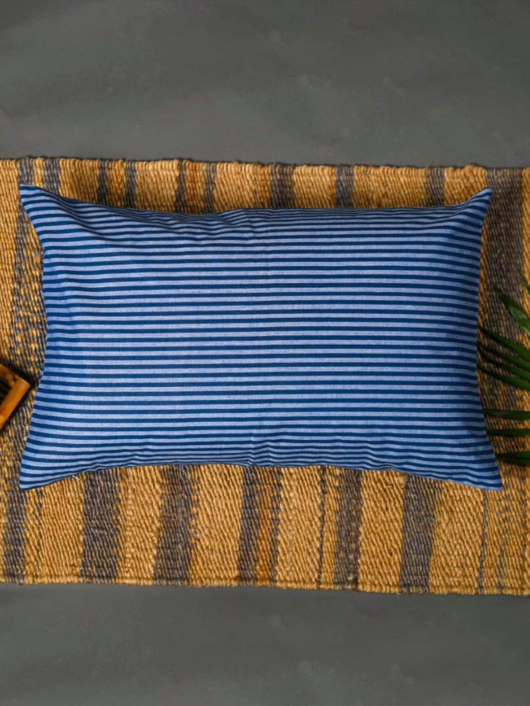

OUSSUM Blue Striped Cotton Rectangular Pillow Cover