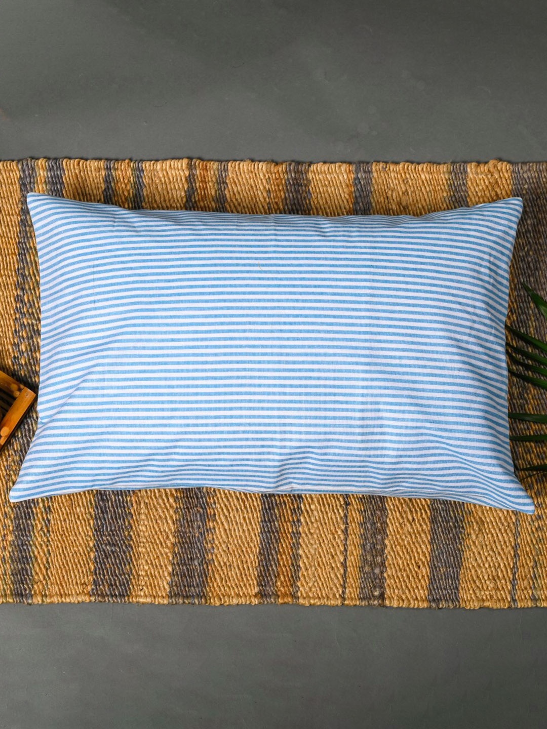 

OUSSUM White & Blue Striped Cotton Pillow Cover