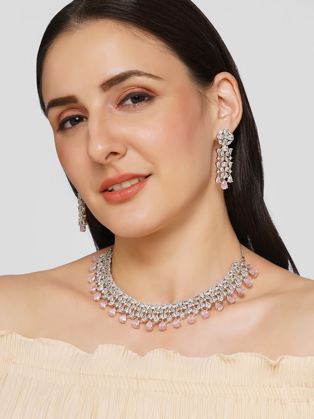 

AQUASTREET Rhodium-Plated AD Studded Jewellery Set, Silver