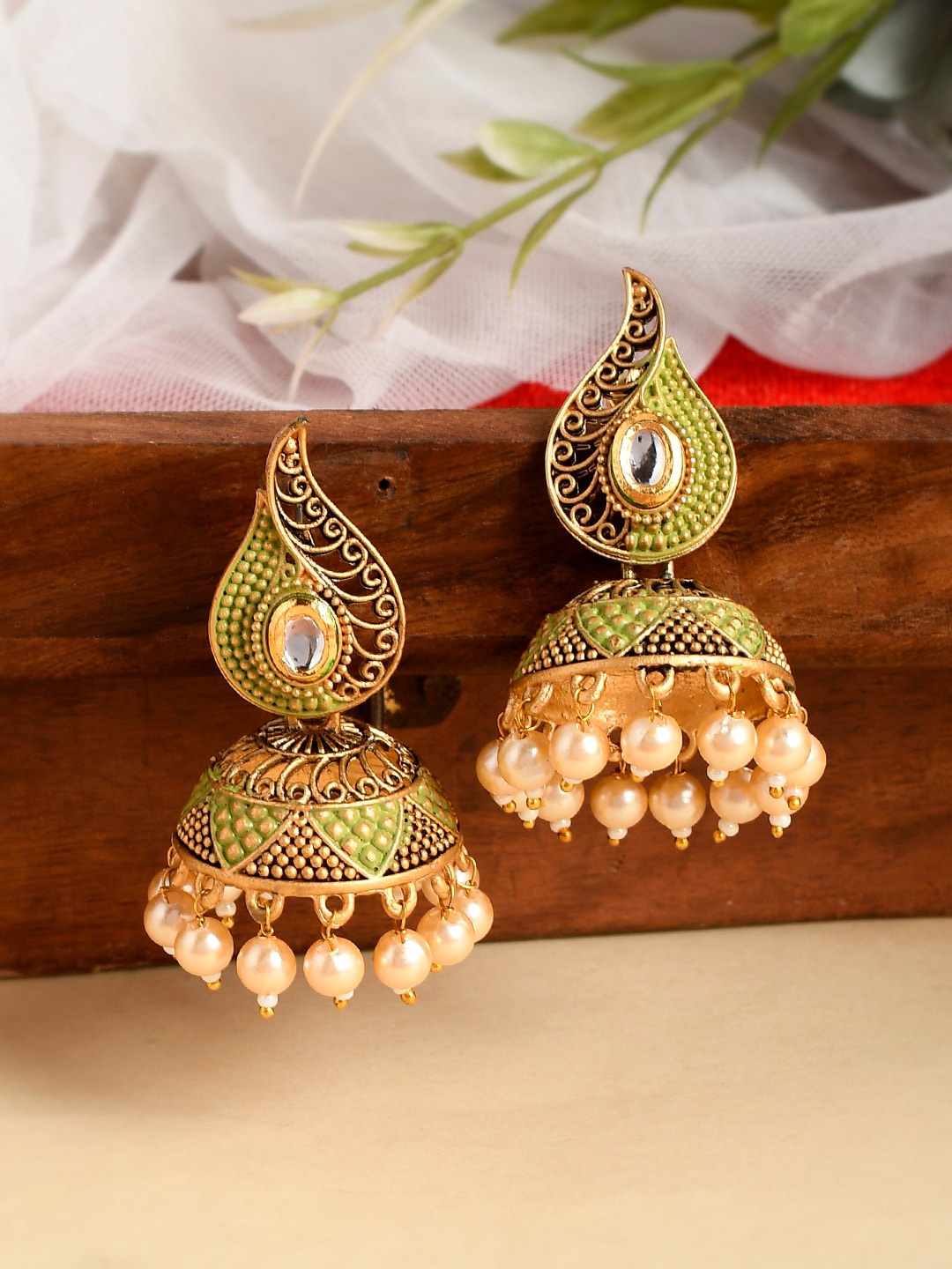 

AQUASTREET Meenakari Green Jhumkis Earrings Copper Gold Plated