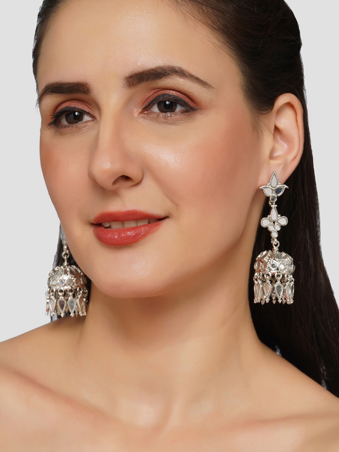 

AQUASTREET Mirror studded Drop Earrings with Small Jhumkis Copper Silver Plated