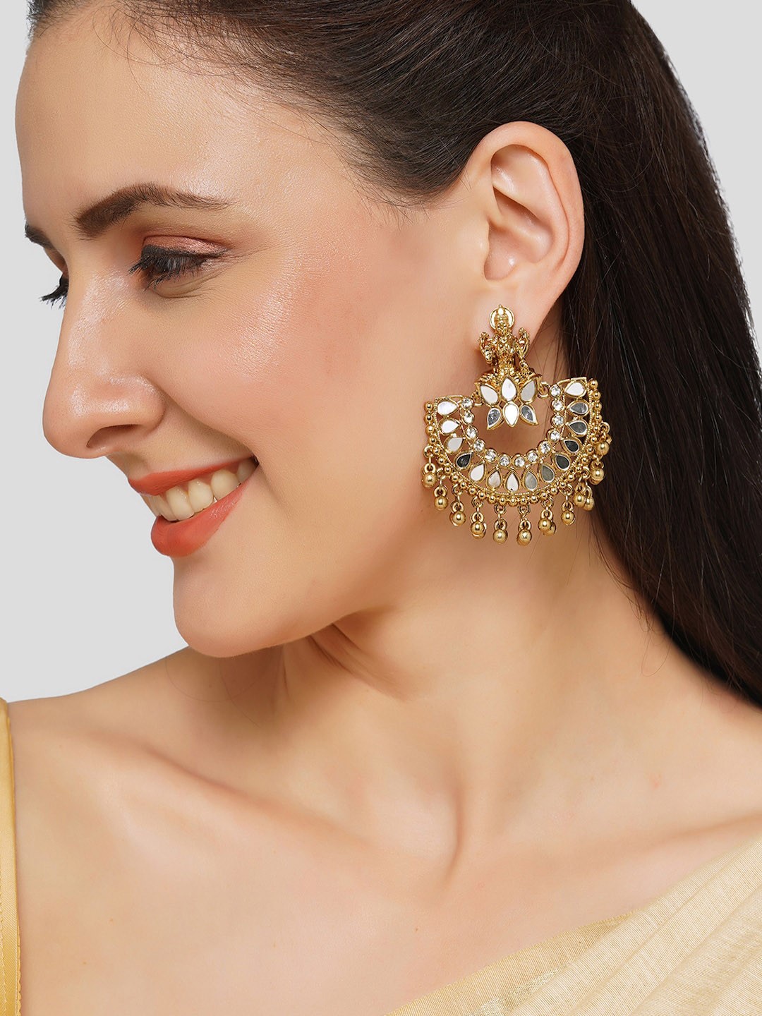 

AQUASTREET Lakshmi design Copper Gold Plated Mirror studded ChandBali Earrings