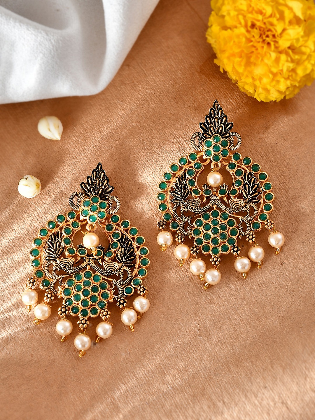 

AQUASTREET Green Kemp Stone Pearls Drop Chandbalis Earrings Gold plated Earrings