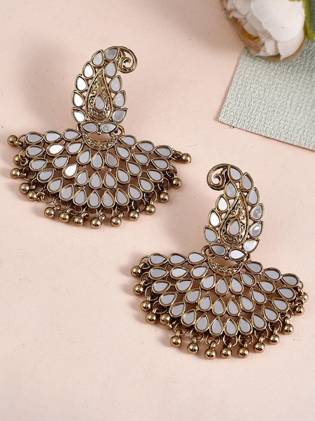 

AQUASTREET Lux design Mirror studded ChandBali Earrings Copper Gold Plated