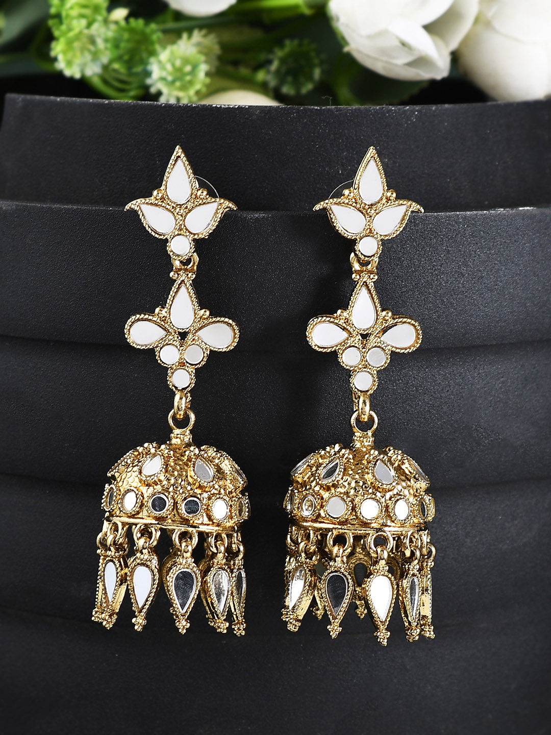 

AQUASTREET Mirror studded Drop Earrings with Small Jhumkis Copper Gold Plated