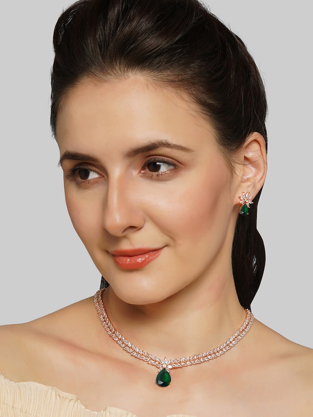 

AQUASTREET Rose-Gold Plated Green Teardrop Leaf designed AD Jewellery Set