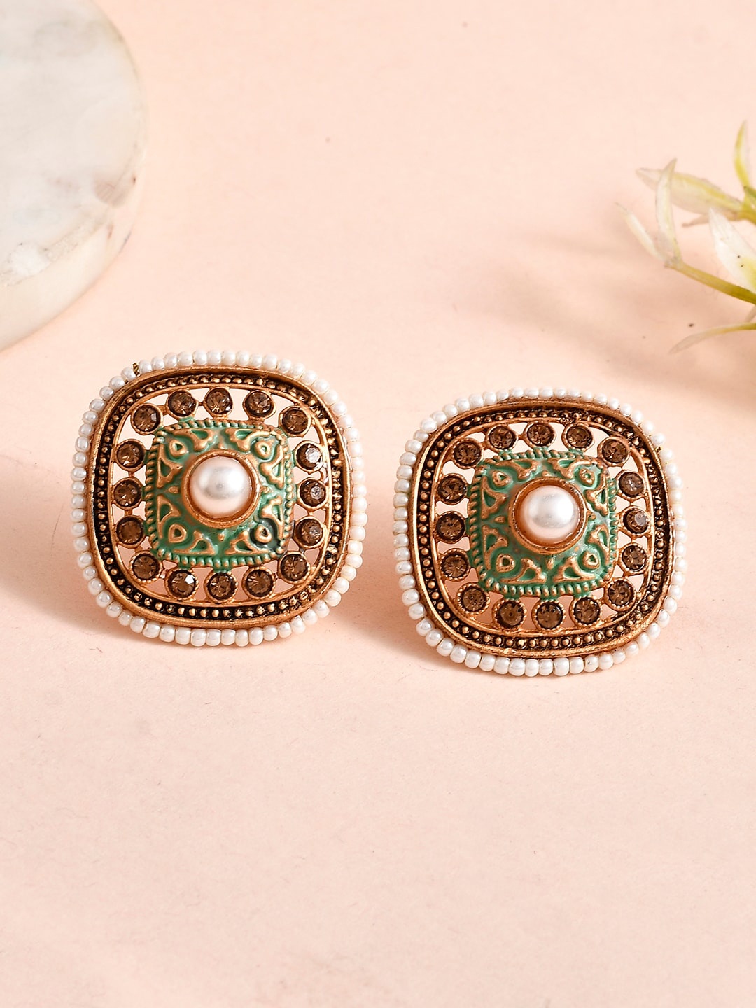 

AQUASTREET Gold Plated Square shape Mint Meenakari Minimal Stud Earrings