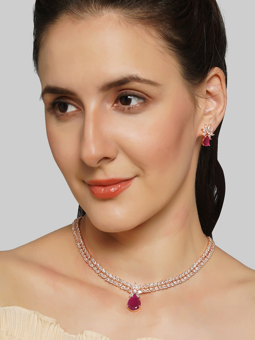 

AQUASTREET Rose Gold-Plated American Diamond-Studded Necklace and Earrings
