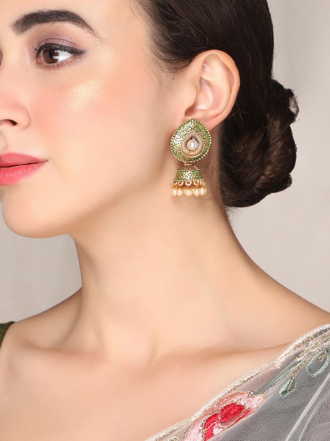 

AQUASTREET Meenakari Green Small Jhumkis Earrings Copper Gold Plated