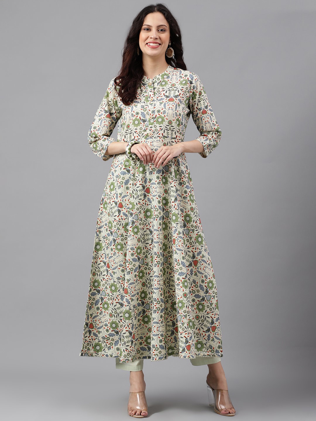 

KALINI Floral Printed Keyhole Neck Pure Cotton Anarkali Kurta, Cream