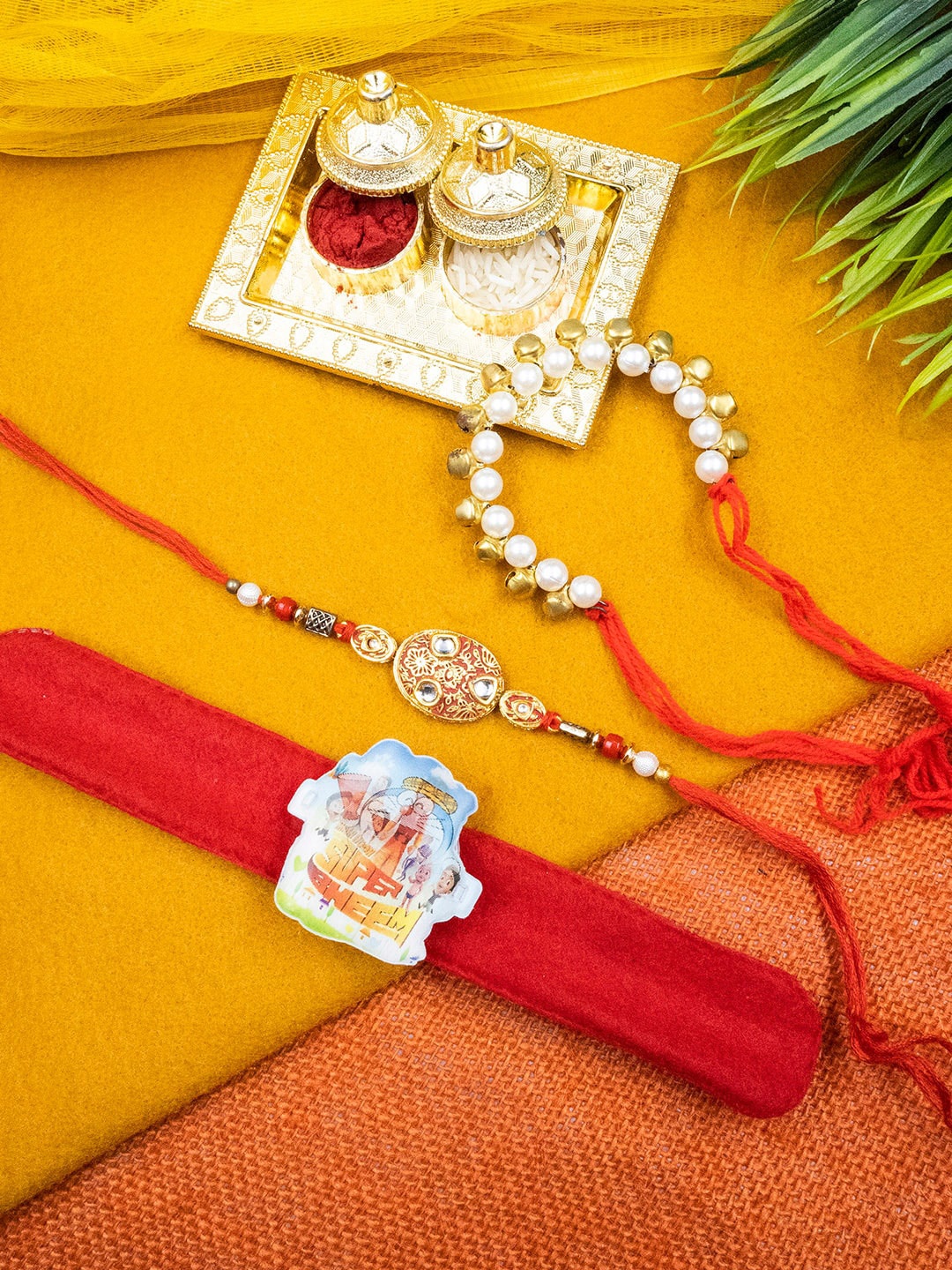 

StileAdda Set Of 3 Beaded Rakhi with Roli & Rice, Multi