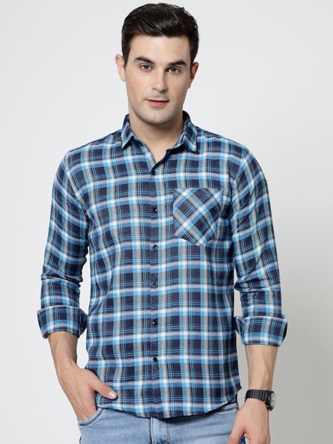 

ADWYN PETER New Tartan Checked Cotton Casual Shirt, Blue