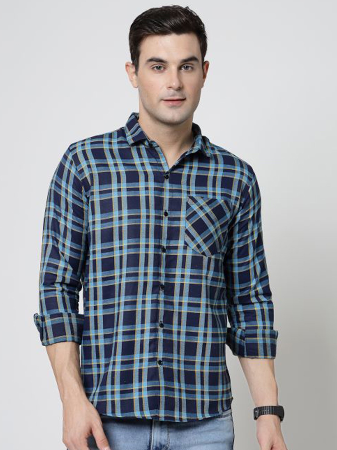 

ADWYN PETER New Tartan Checked Cotton Casual Shirt, Navy blue