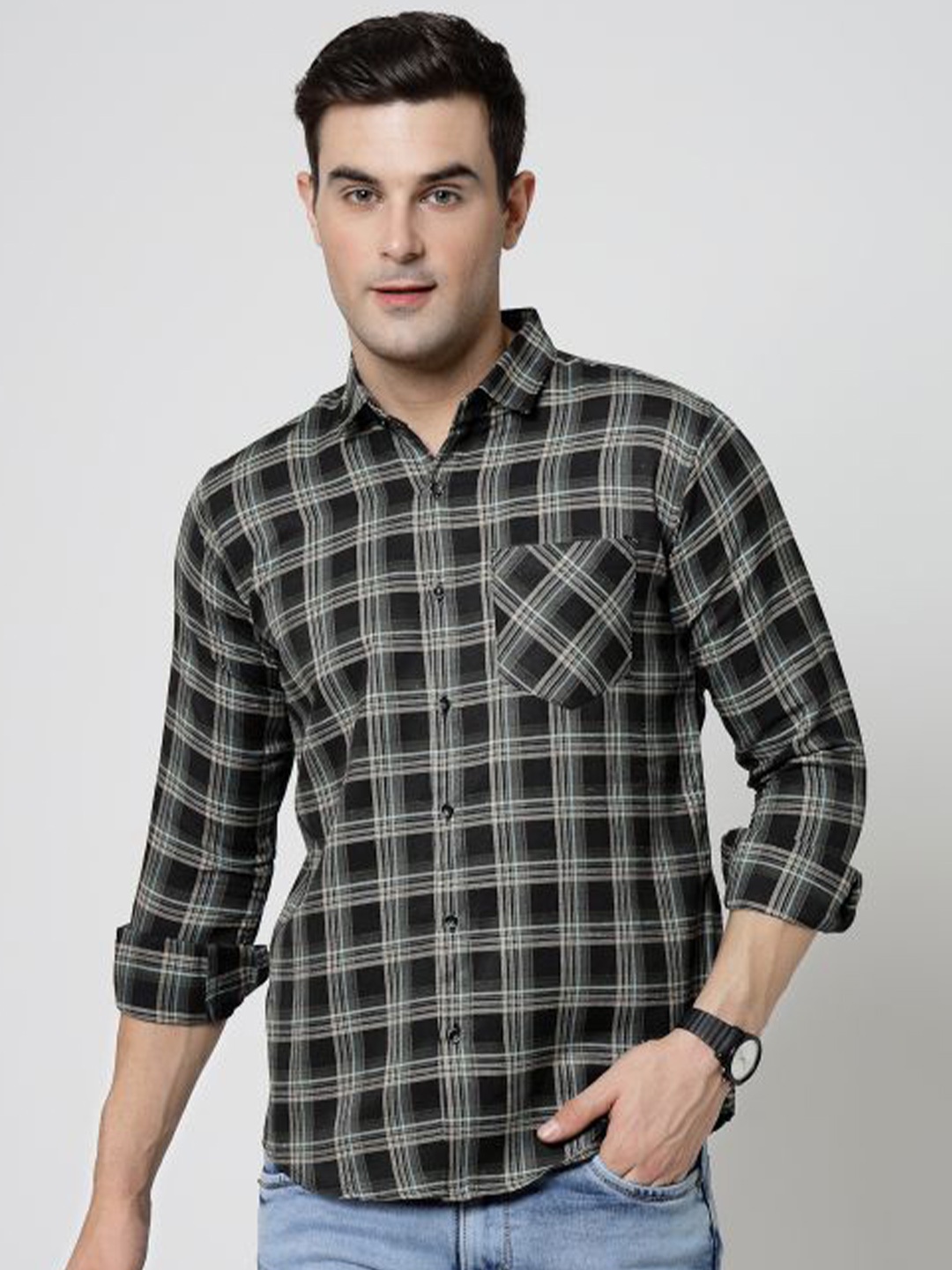 

ADWYN PETER New Buffalo Checked Cotton Casual Shirt, Black