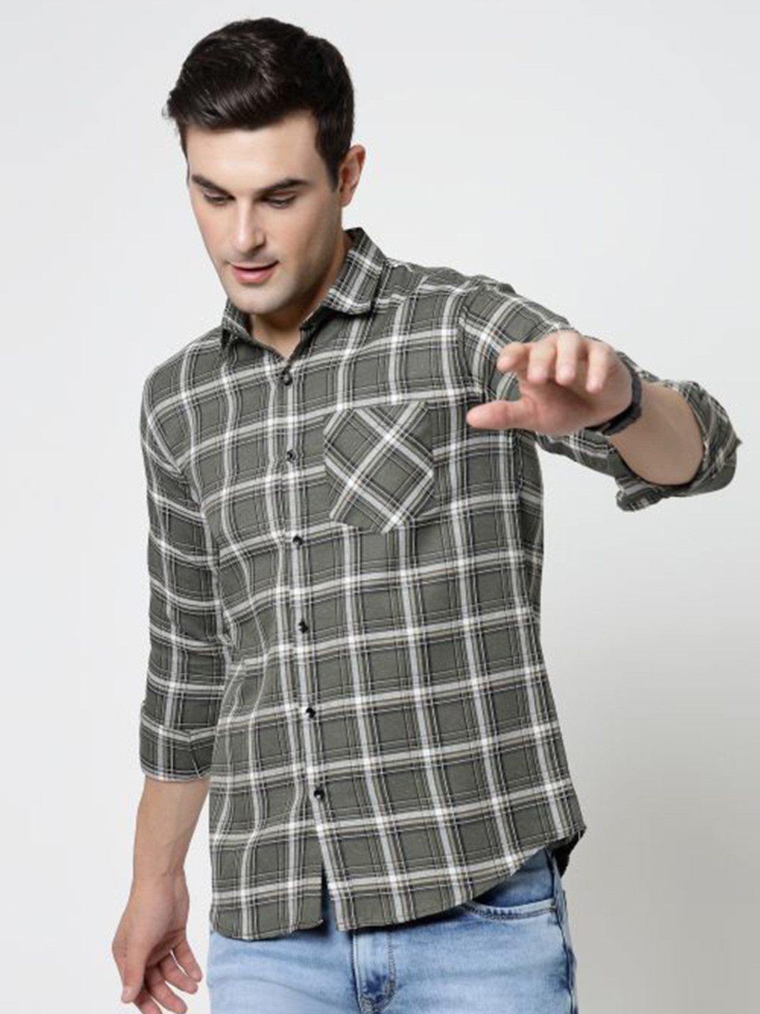 

ADWYN PETER New Windowpane Checked Cotton Casual Shirt, Green