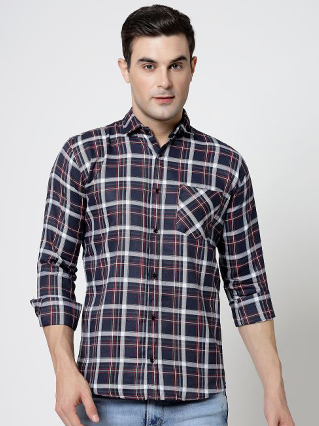 

ADWYN PETER New Tartan Checked Cotton Casual Shirt, Navy blue