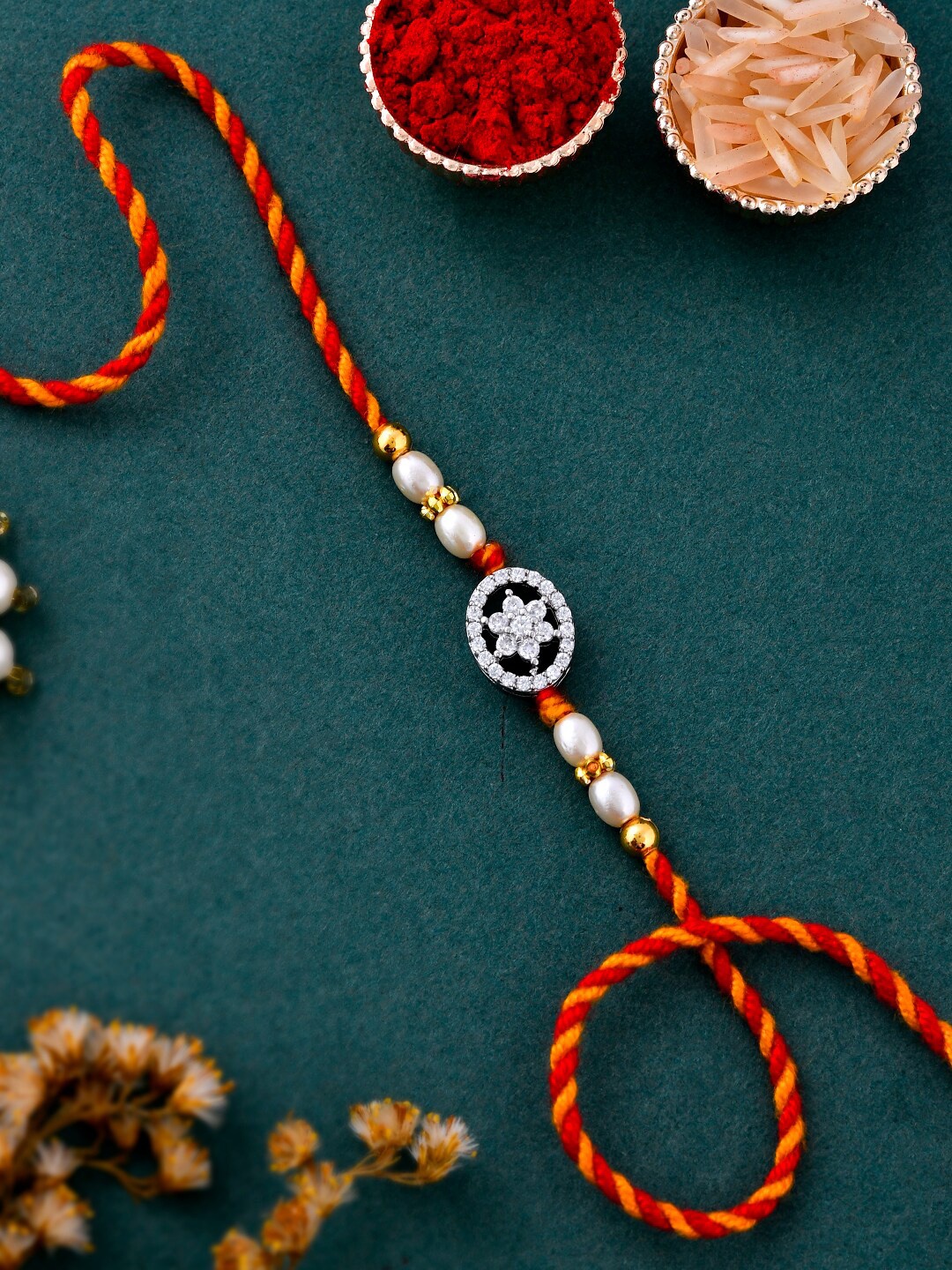 

Aapno Rajasthan Unisex Set Of 4 AD Studded Exquisite Braided Silver Rakhi, White