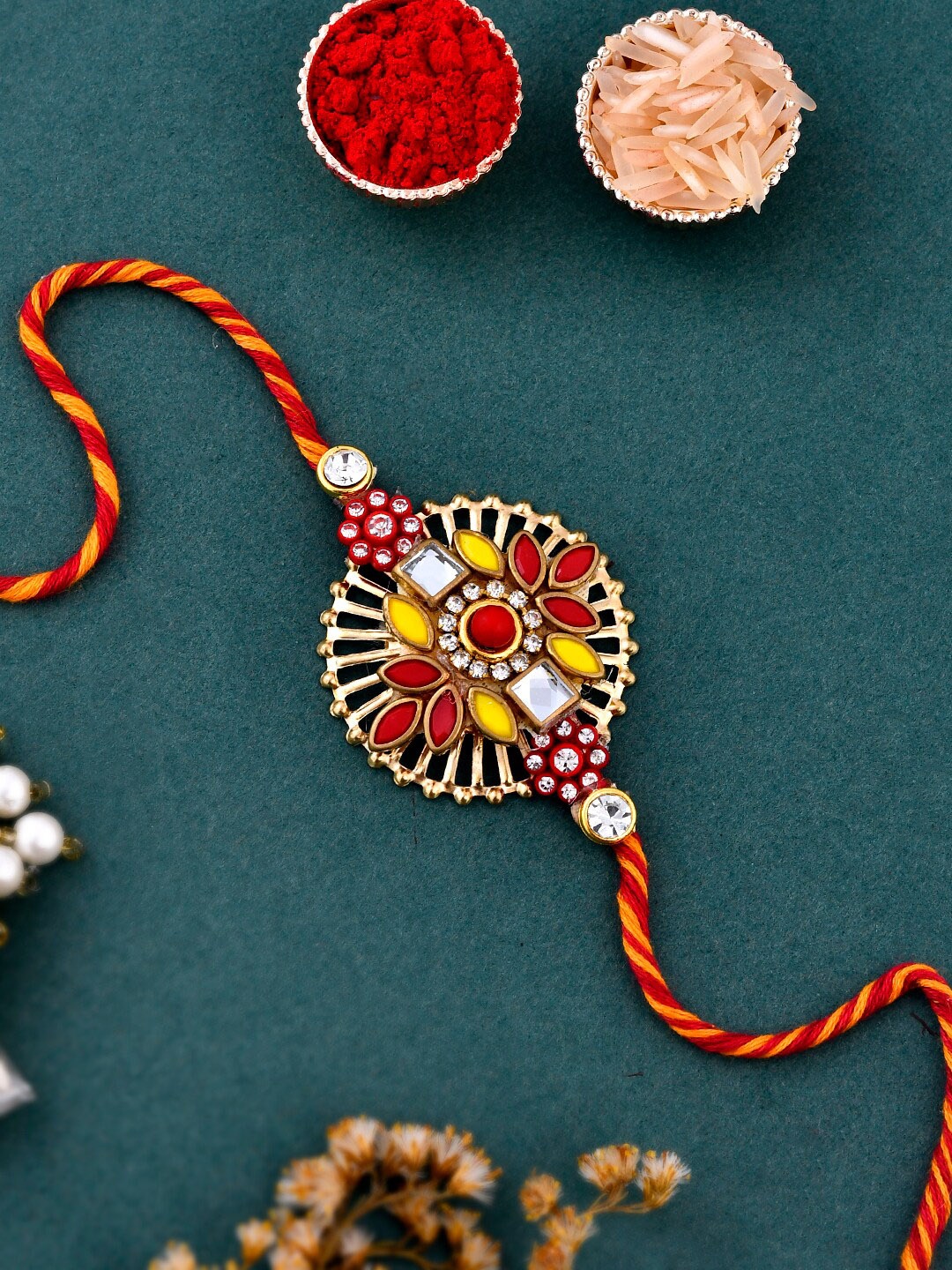

Aapno Rajasthan Kundan Studded Cutwork Rakhi, Red