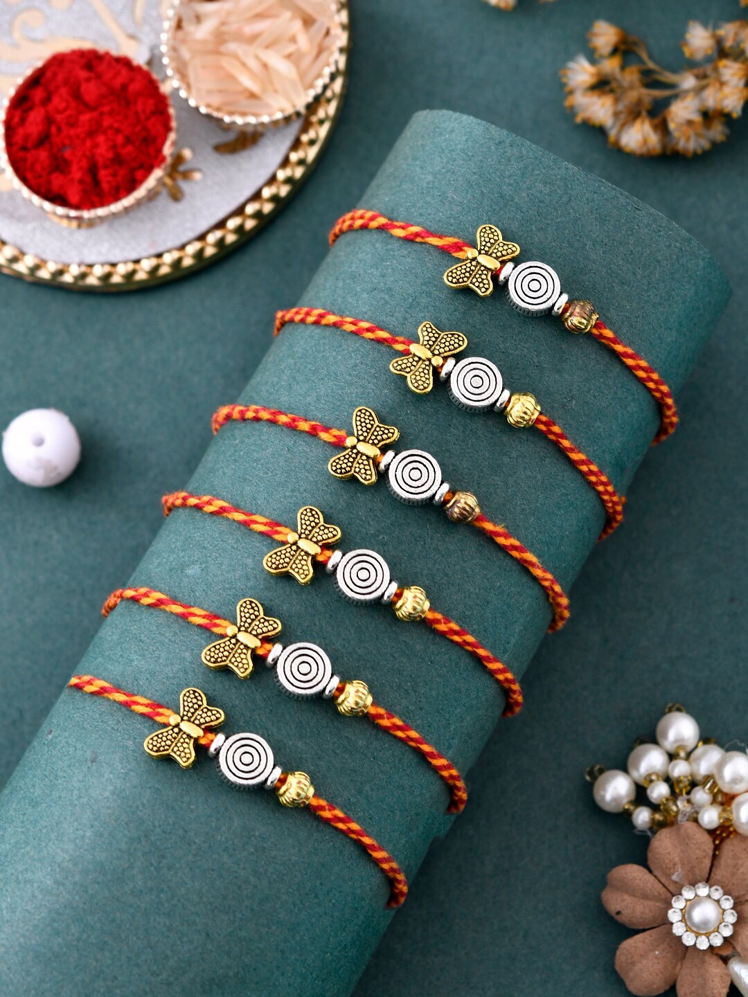 

Aapno Rajasthan Unisex Set Of 6 Butterfly Motif Rakhis, Gold