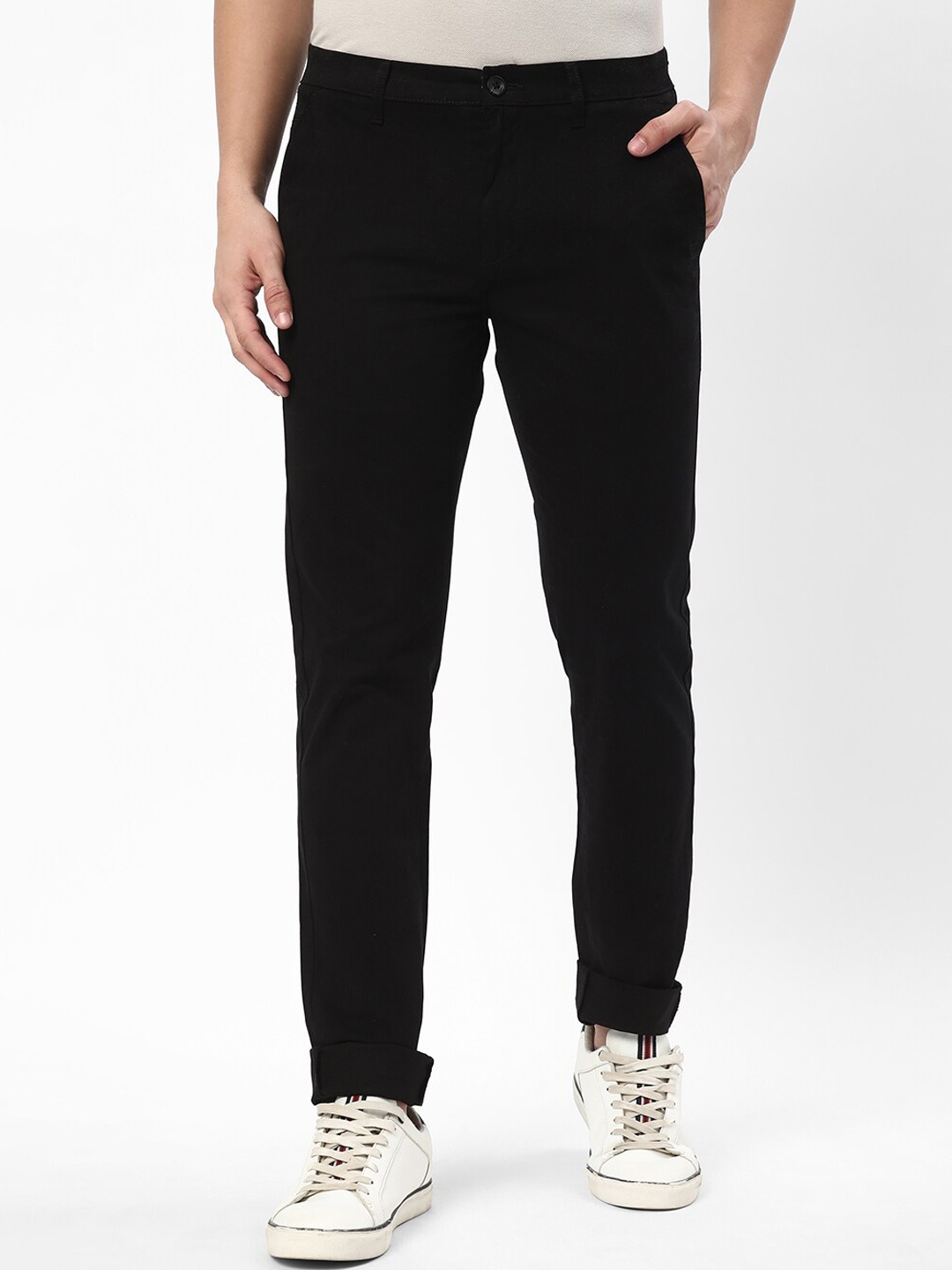 

R&B Men Mid-Rse Slim Fit Chinos Trousers, Black