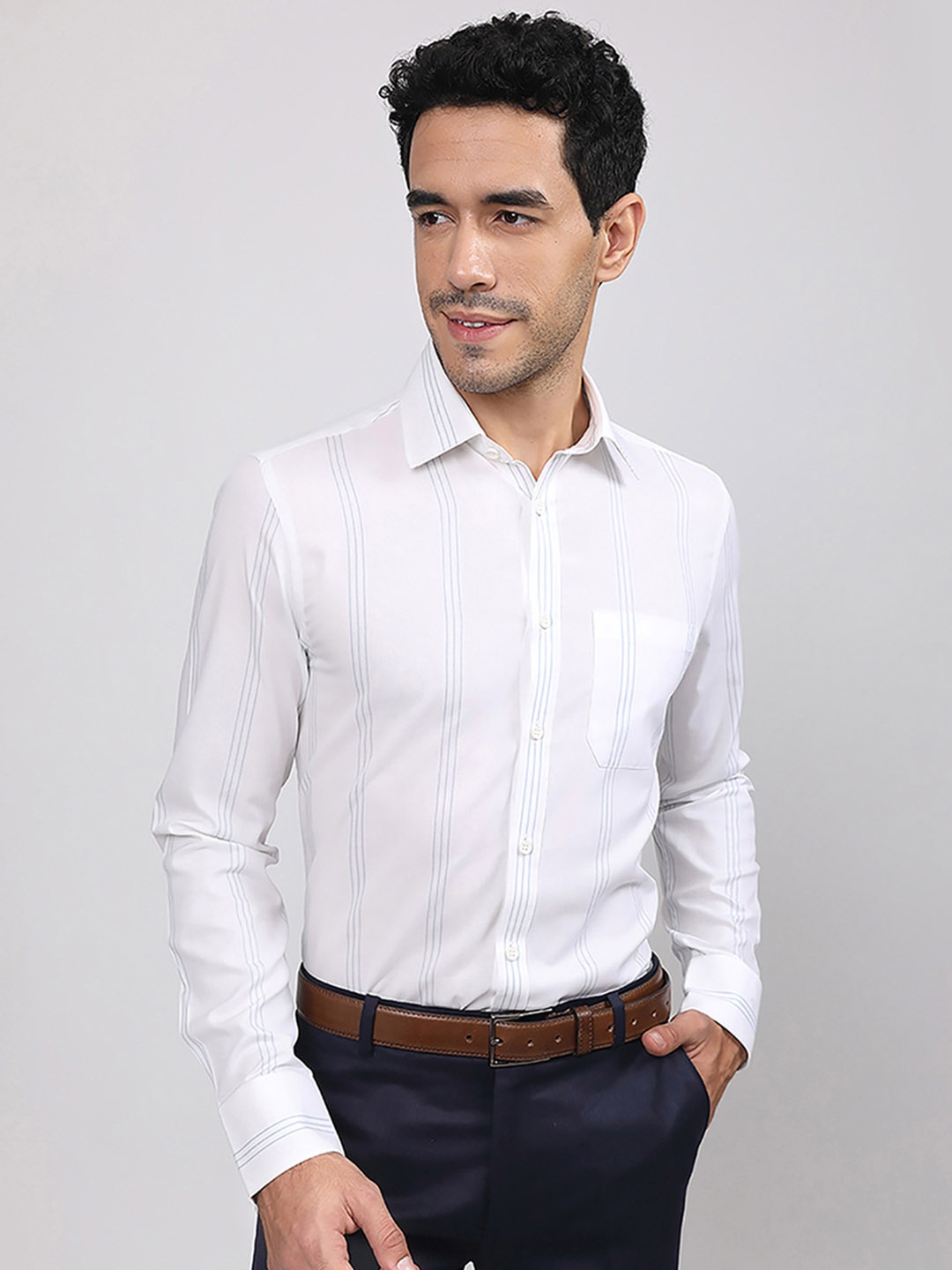 

LOUIS STITCH Comfort Stripes Spread Collar Cotton Formal Shirt, White