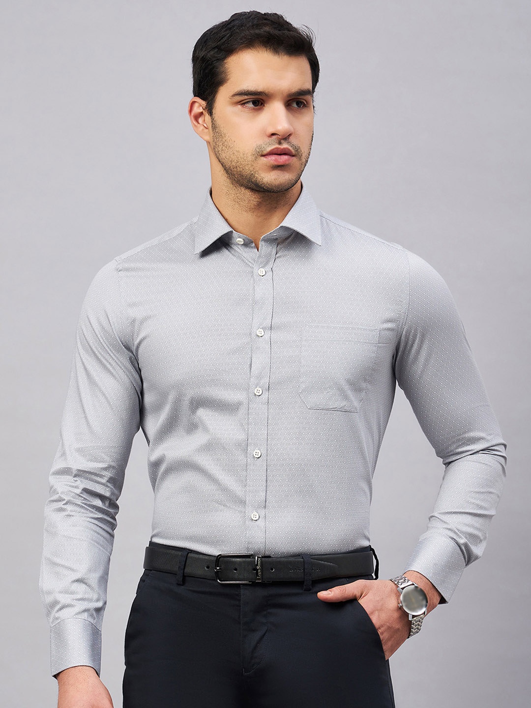 

LOUIS STITCH Comfort Micro Ditsy Printed Spread Collar Cotton Formal Shirt, Grey