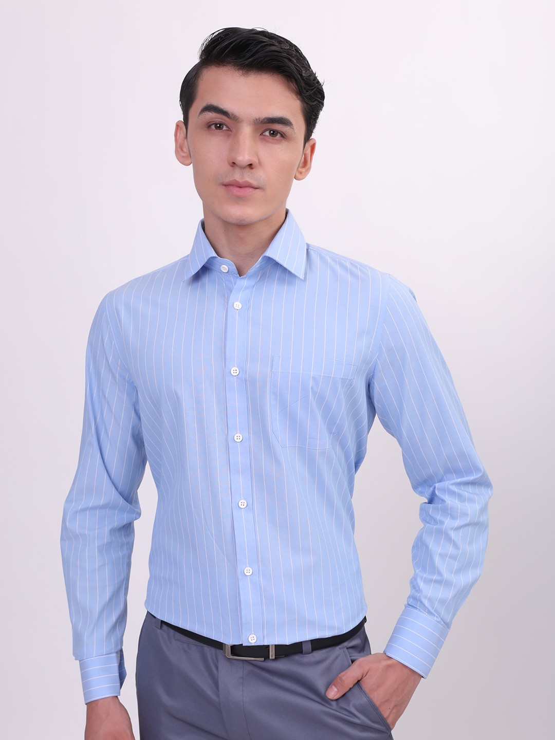 

LOUIS STITCH Comfort Striped Spread Collar Cotton Formal Shirt, Blue