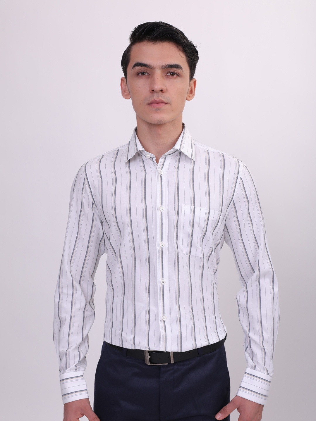 LOUIS STITCH Comfort Striped Spread Collar Cotton Formal Shirt, White