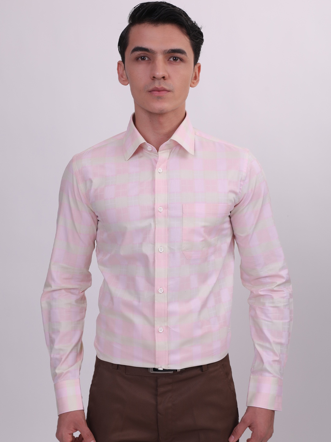 

LOUIS STITCH Comfort Checked Printed Spread Collar Cotton Formal Shirt, Pink