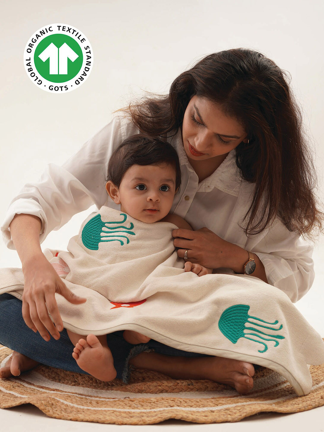 

GREENDIGO Infants Off White & Green Printed 450 GSM Pure Cotton Bath Towel