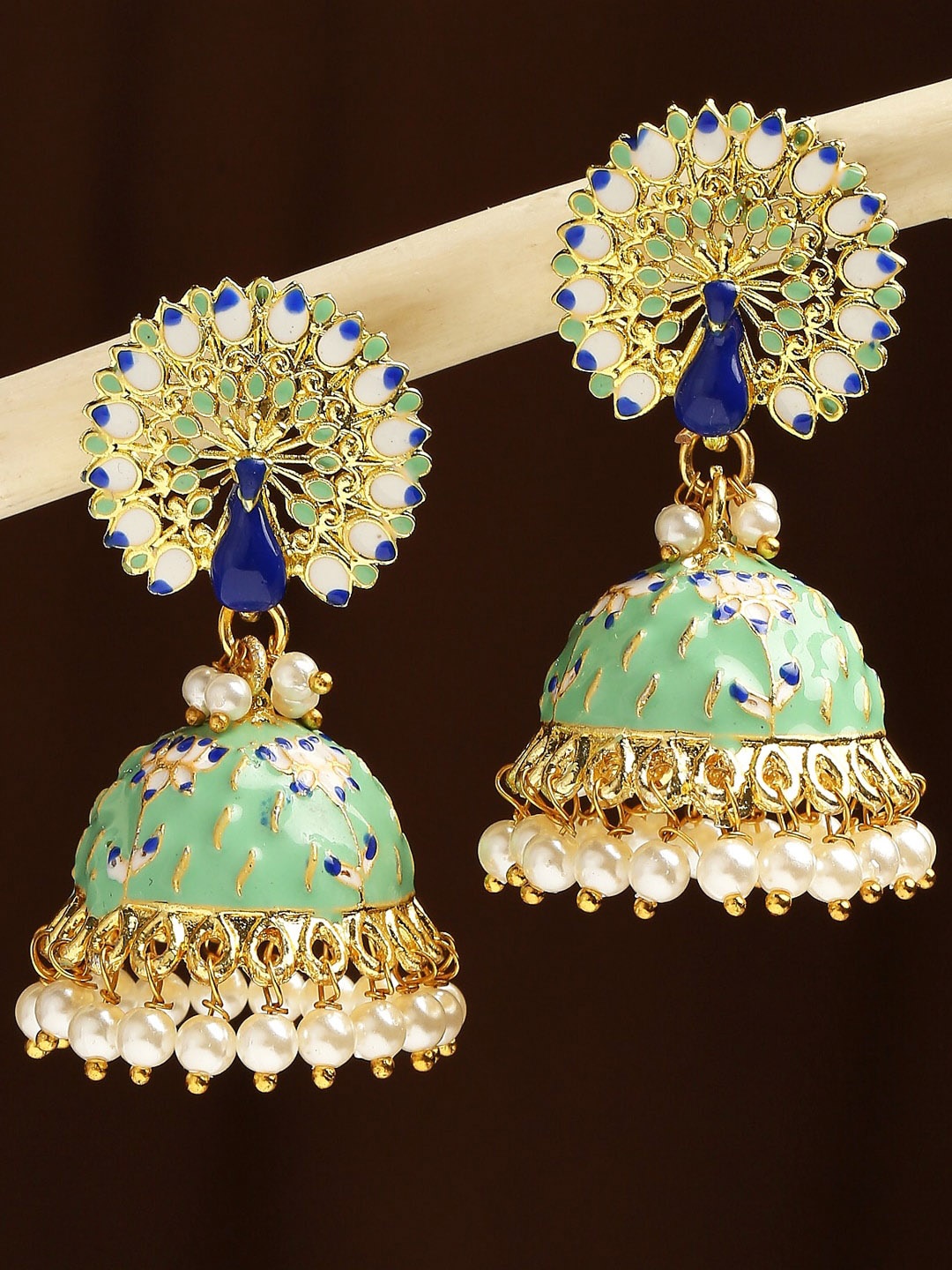 

OOMPH Meenakari Peacock Shaped Jhumkas, Gold