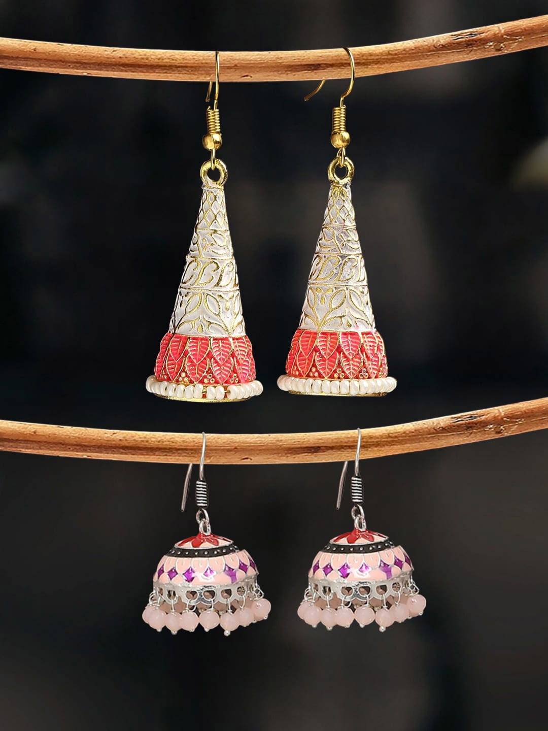 

OOMPH Set Of 2 Dome-Shaped Beaded Jhumkas, Gold