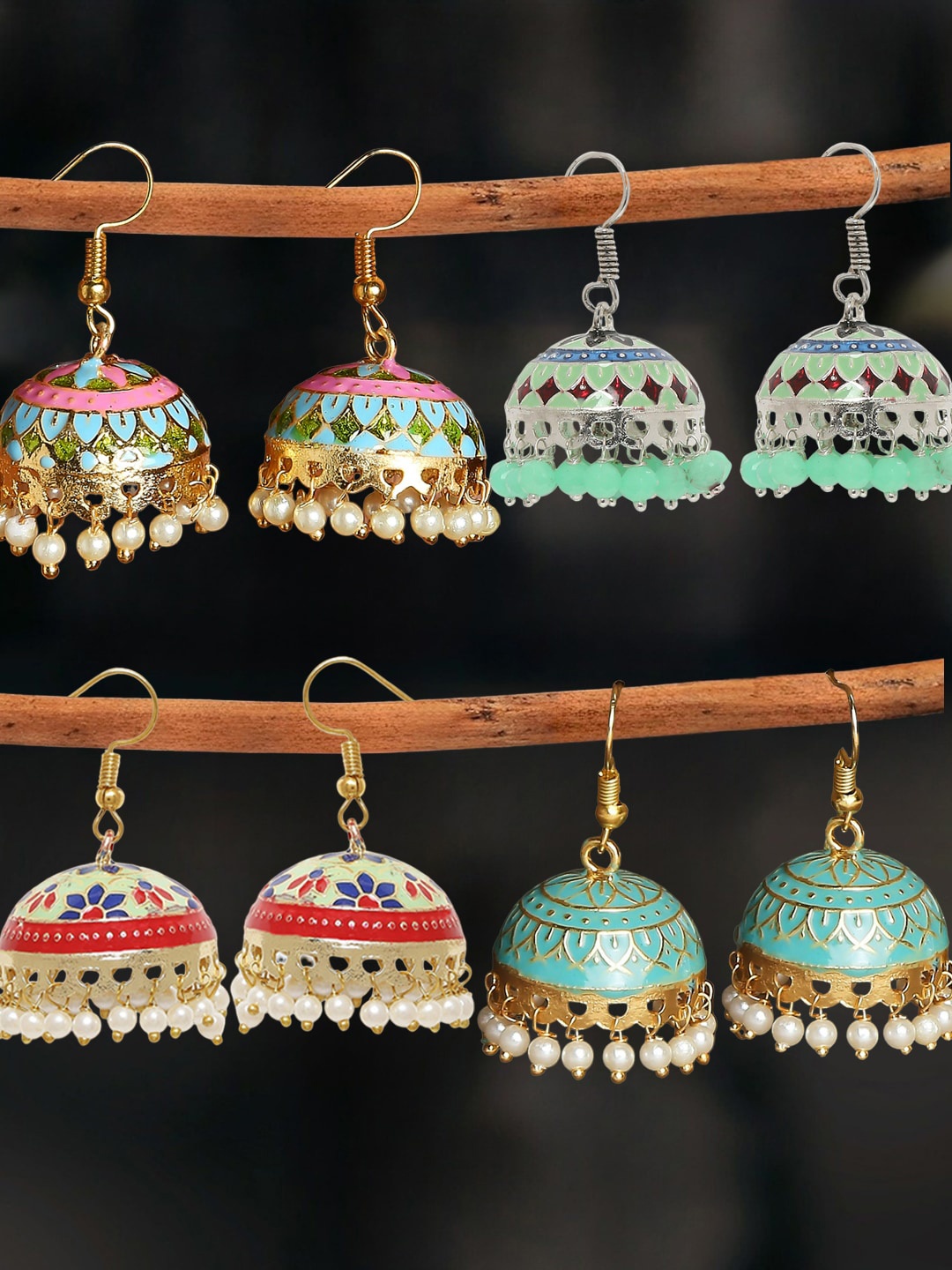 

OOMPH Set Of 4 Beaded Dome Shaped Jhumkas, Gold