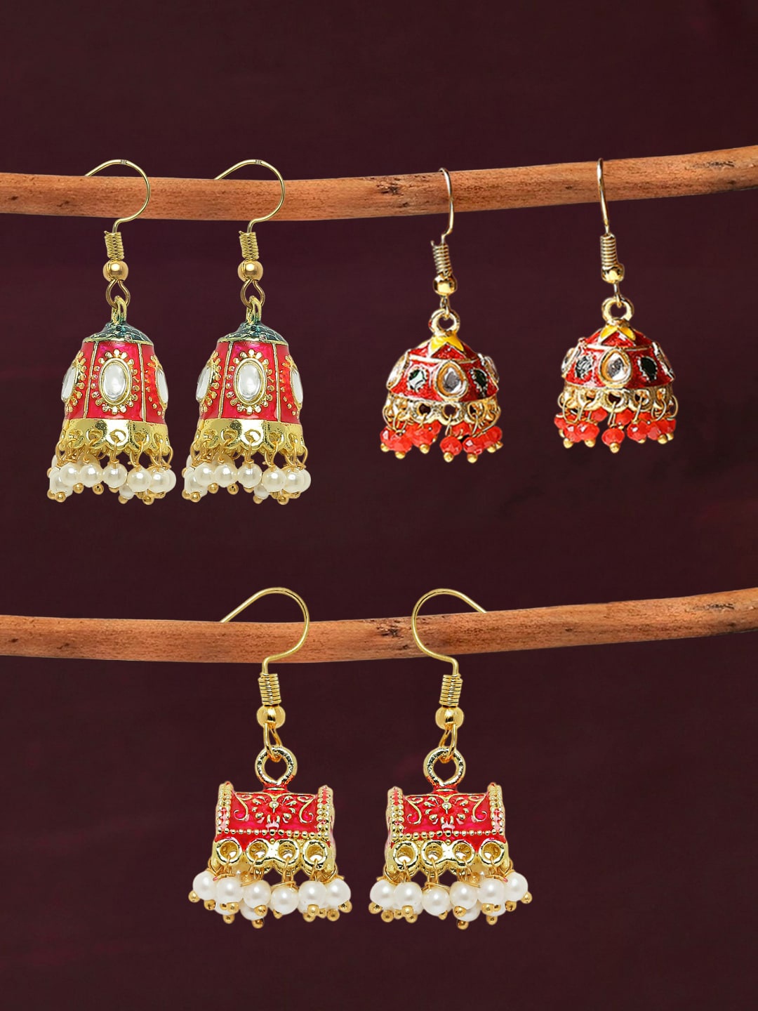 

OOMPH Set Of 3 Pearls Beaded Dome Shaped Jhumkas, Red
