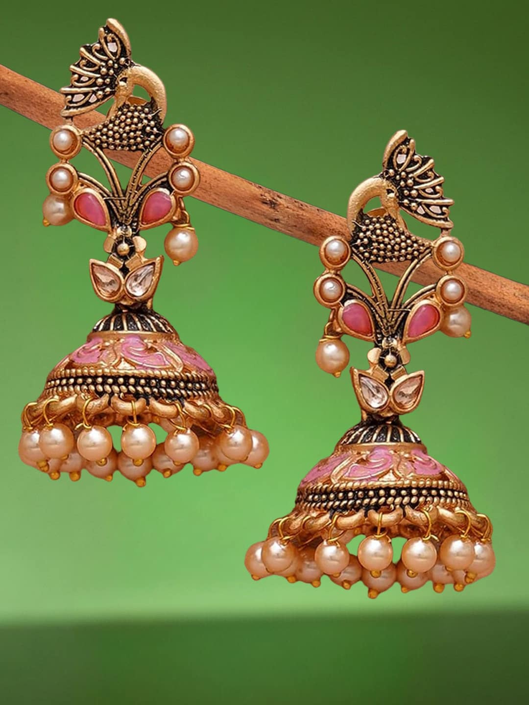 

OOMPH Kundan Studded & Pearls Beaded Peacock Shaped Jhumkas, Pink