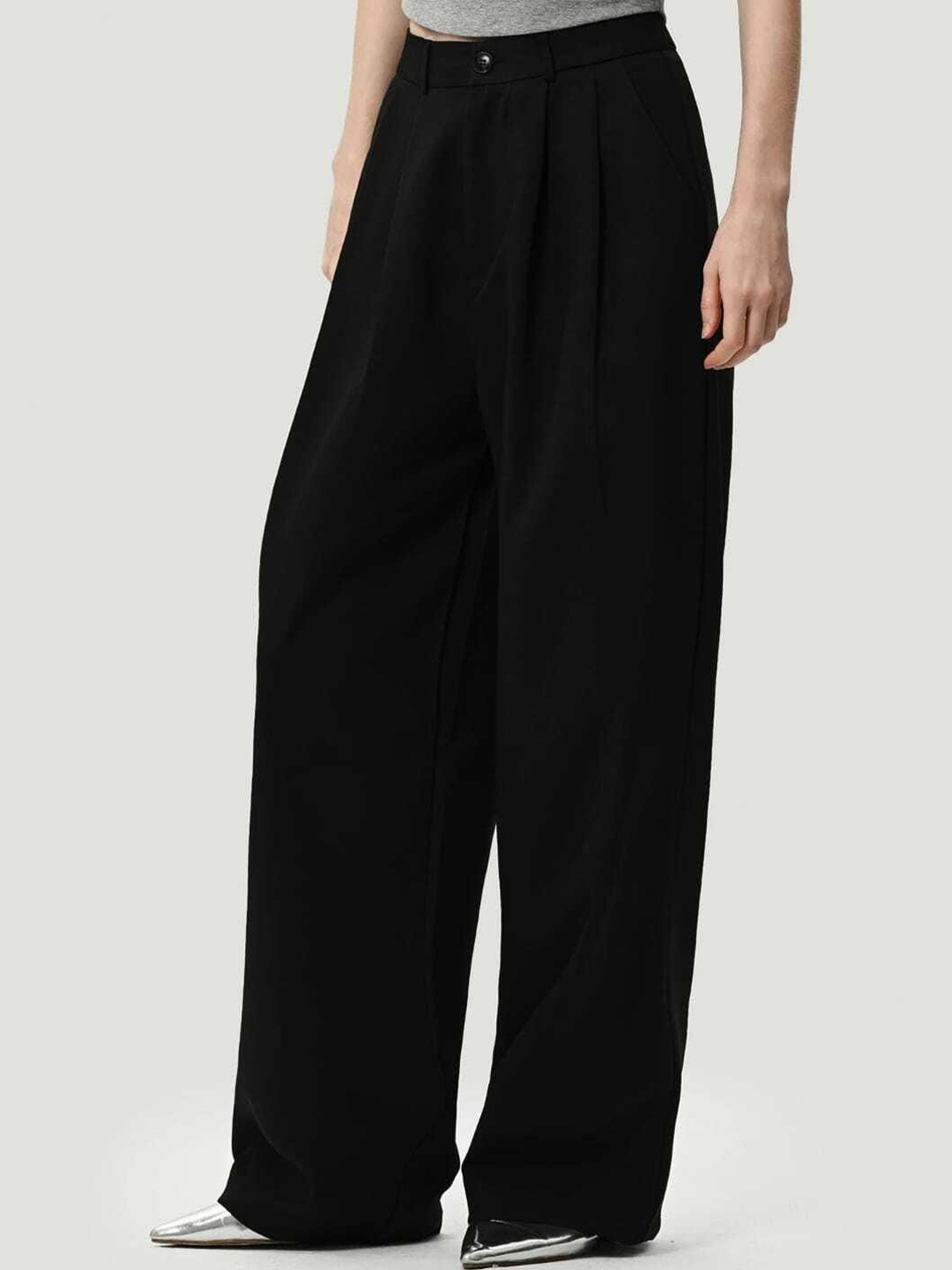 

Next One Women Smart Loose Fit High-Rise Wide Leg Pleated Parallel Trousers, Black