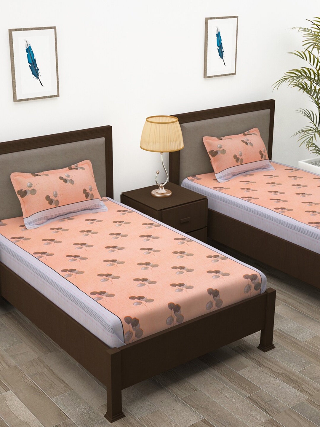 

Story@home Brown Floral Cotton 144 TC 2 Single Bedsheet With 2 Pillow Covers, Peach
