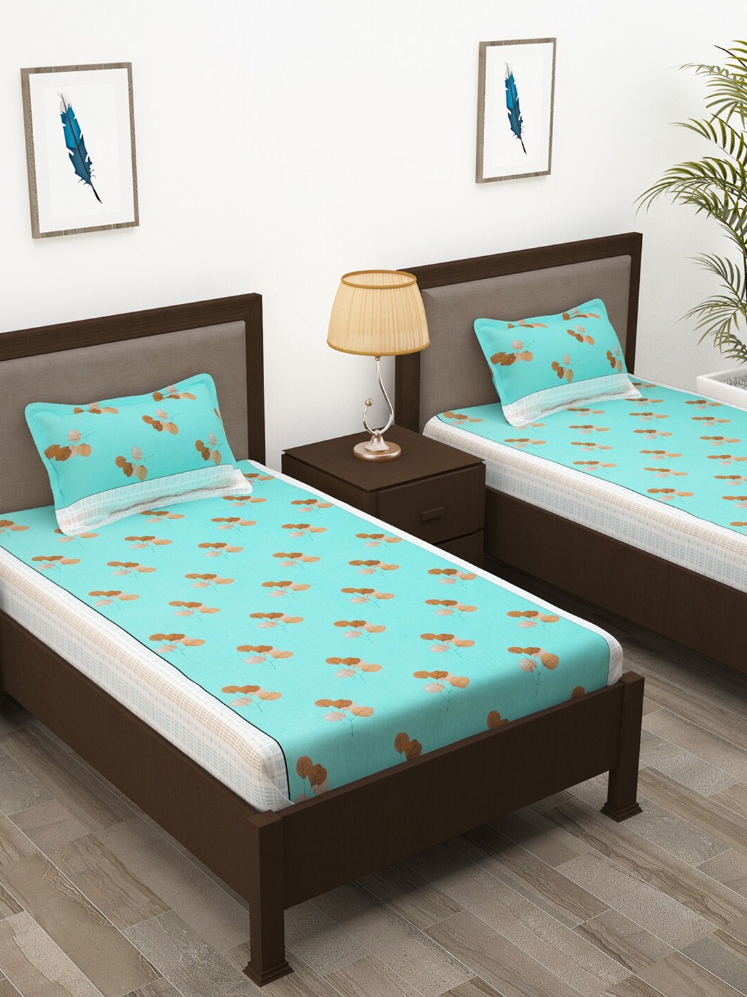 Story@home Blue & Brown Floral Cotton 144 TC 2 Single Bedsheet With 2 Pillow Covers