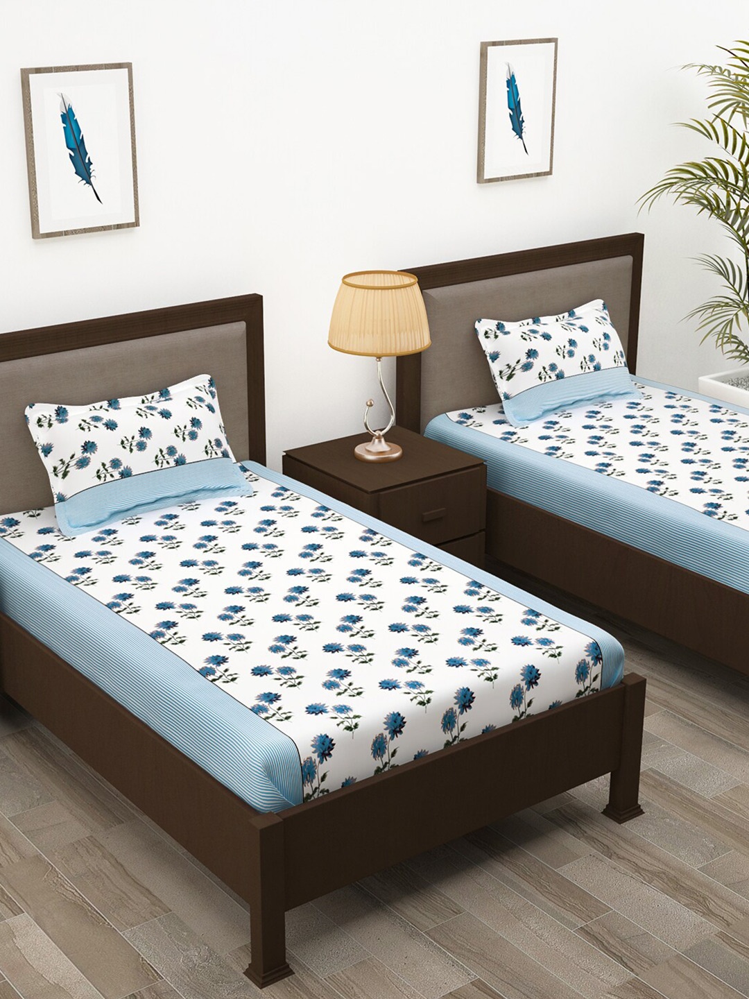 

Story@home White & Blue Floral Cotton 144 TC 2 Single Bedsheet With 2 Pillow Covers