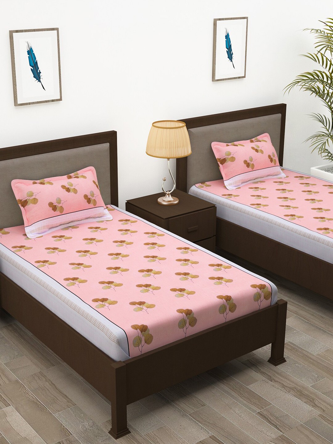 

Story@home Spark Gold Pink Floral Cotton 144 TC 2 Single Bedsheets & 2 Pillow Covers