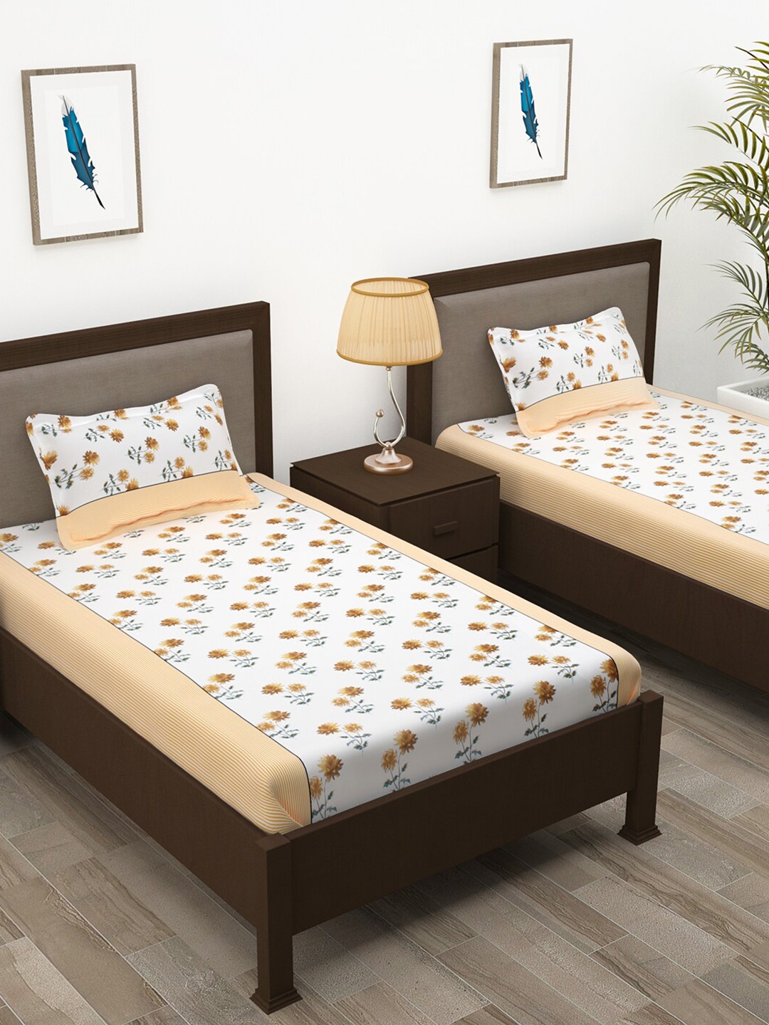 

Story@home White & Yellow Floral Cotton 144 TC 2 Single Bedsheet with 2 Pillow Covers