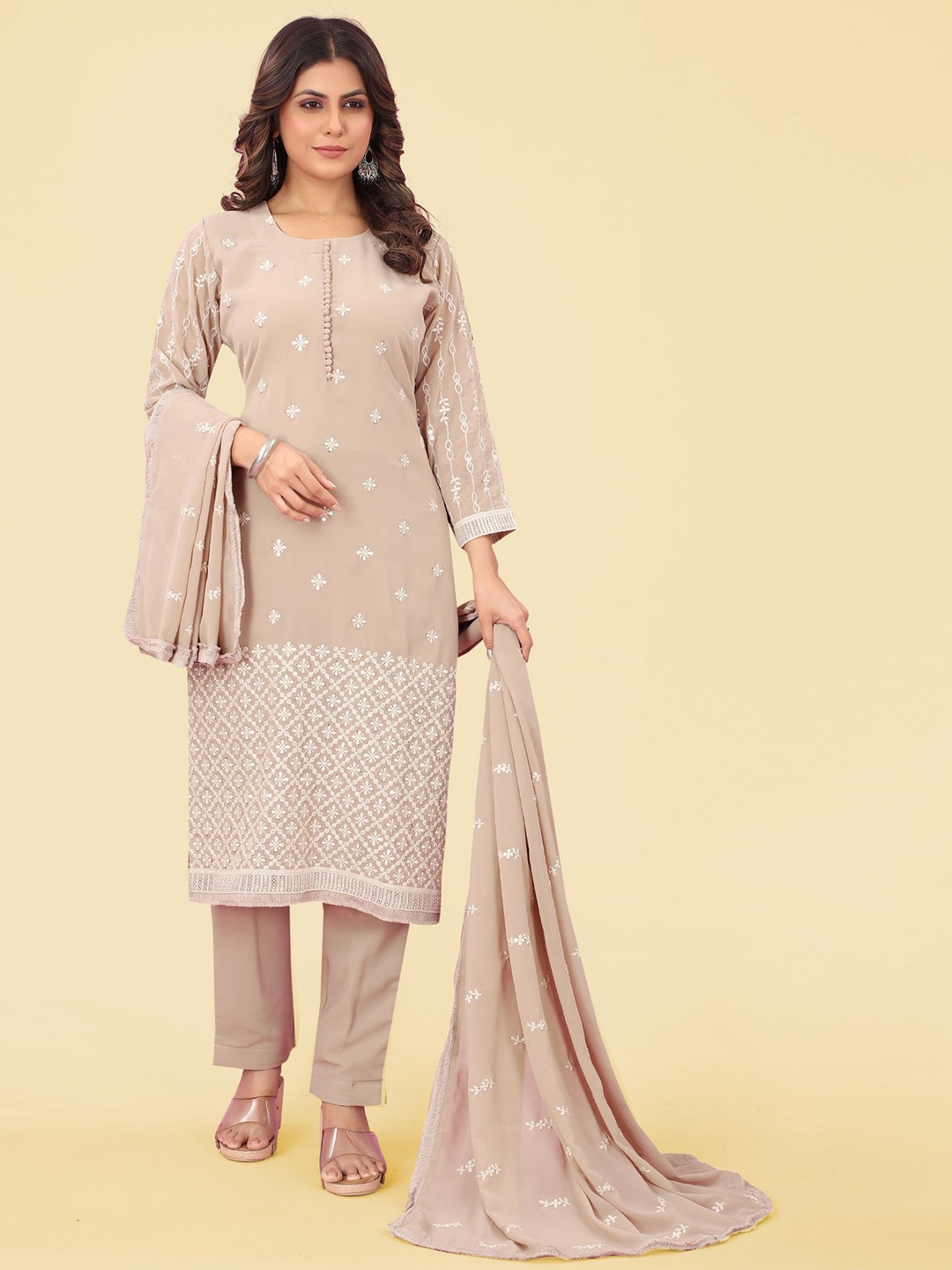 

KALINI Ethnic Motifs Embroidered Kurta & Trousers With Dupatta, Beige