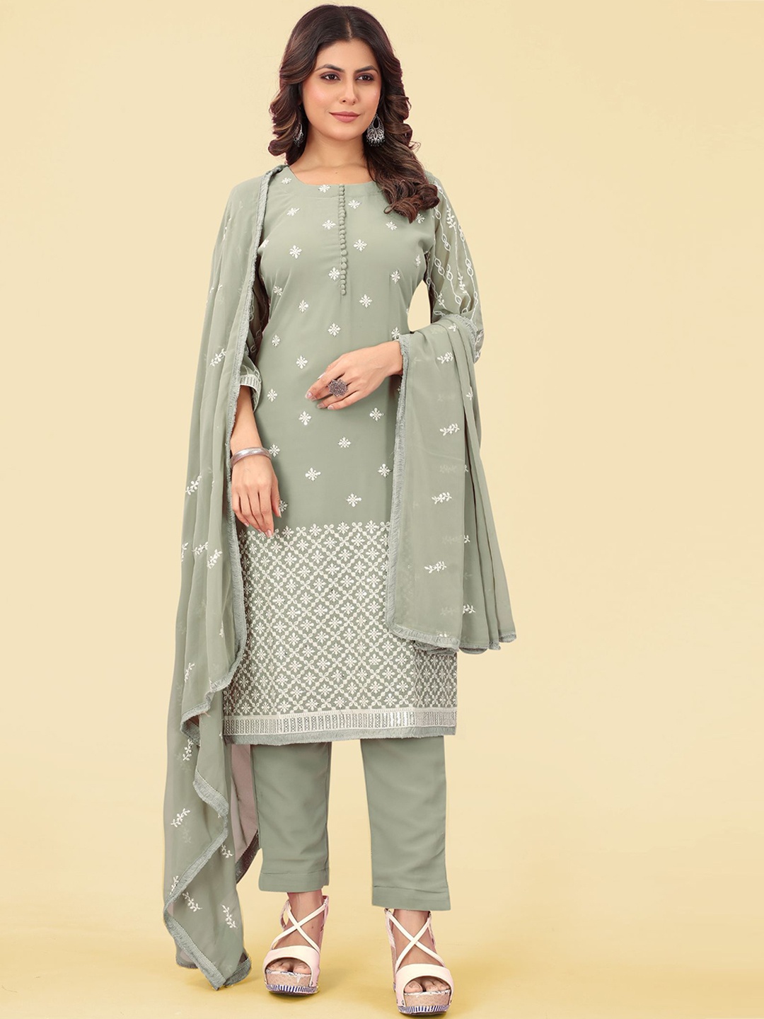 

KALINI Ethnic Motifs Embroidered Kurta & Trousers With Dupatta, Green