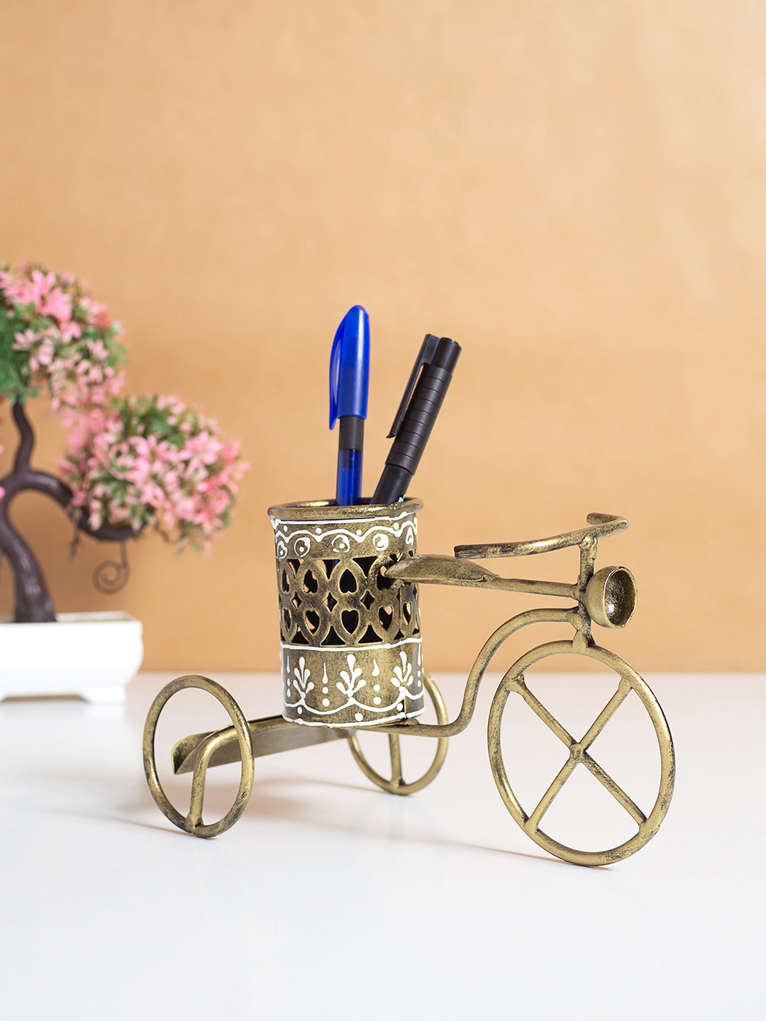 

Golden Peacock Antique Cycle Shaped Pen Stand, Gold